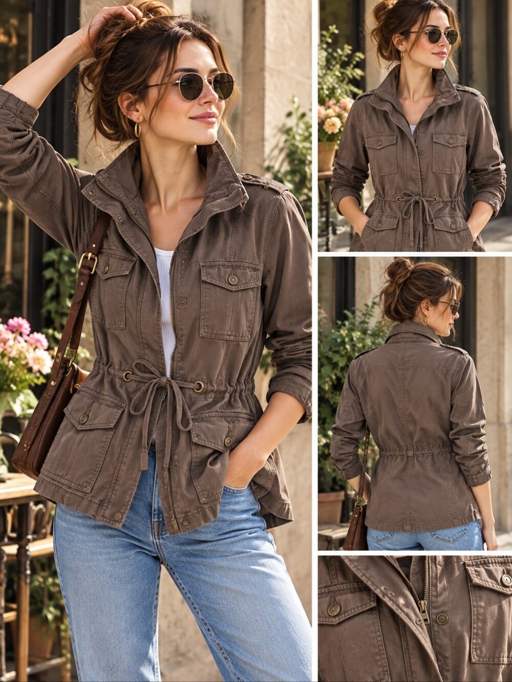 EUC Old Navy 100% Cotton Utility Field Jacket Adjustable Waist Brown Women's S